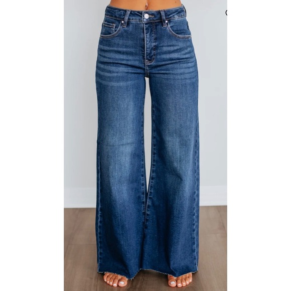 Risen Jeans Denim - Risen Jeans Womens Blue High Rise Flare Wide Leg Raw Hem Denim RDPSize 3/26
